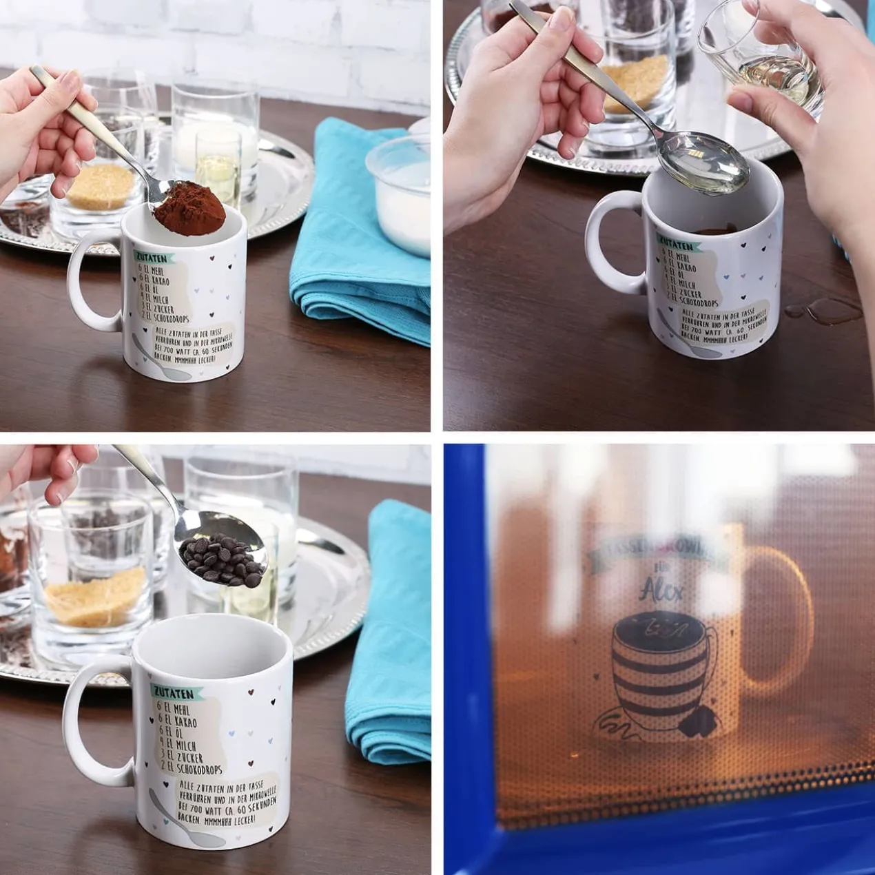 Tasse bedruckt mit Name und Rezept für Tassenbrownie