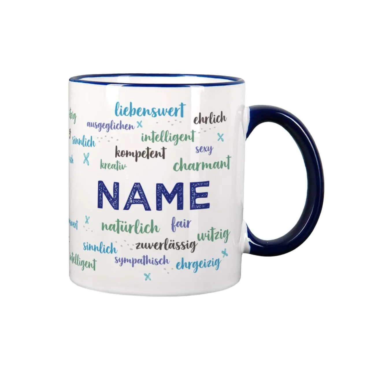Tasse bedruckt mit positiven Eigenschaften und Name, blau