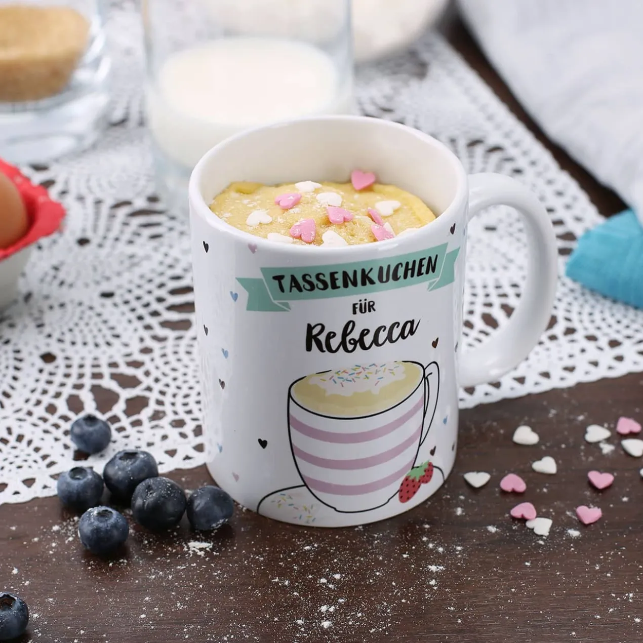 Tasse bedruckt mit Tassenkuchen Rezept und Name