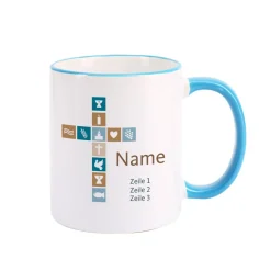 Tasse für Jungen zur Kommunion, Konfirmation oder Taufe mit Kreuz, Name und Wunschtext