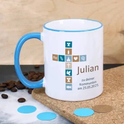 Tasse für Jungen zur Kommunion, Konfirmation oder Taufe mit Kreuz, Name und Wunschtext