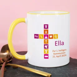 Tasse für Mädchen zu religiösem Anlass mit buntem Kreuz, Name und Wunschtext