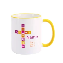 Tasse für Mädchen zu religiösem Anlass mit buntem Kreuz, Name und Wunschtext