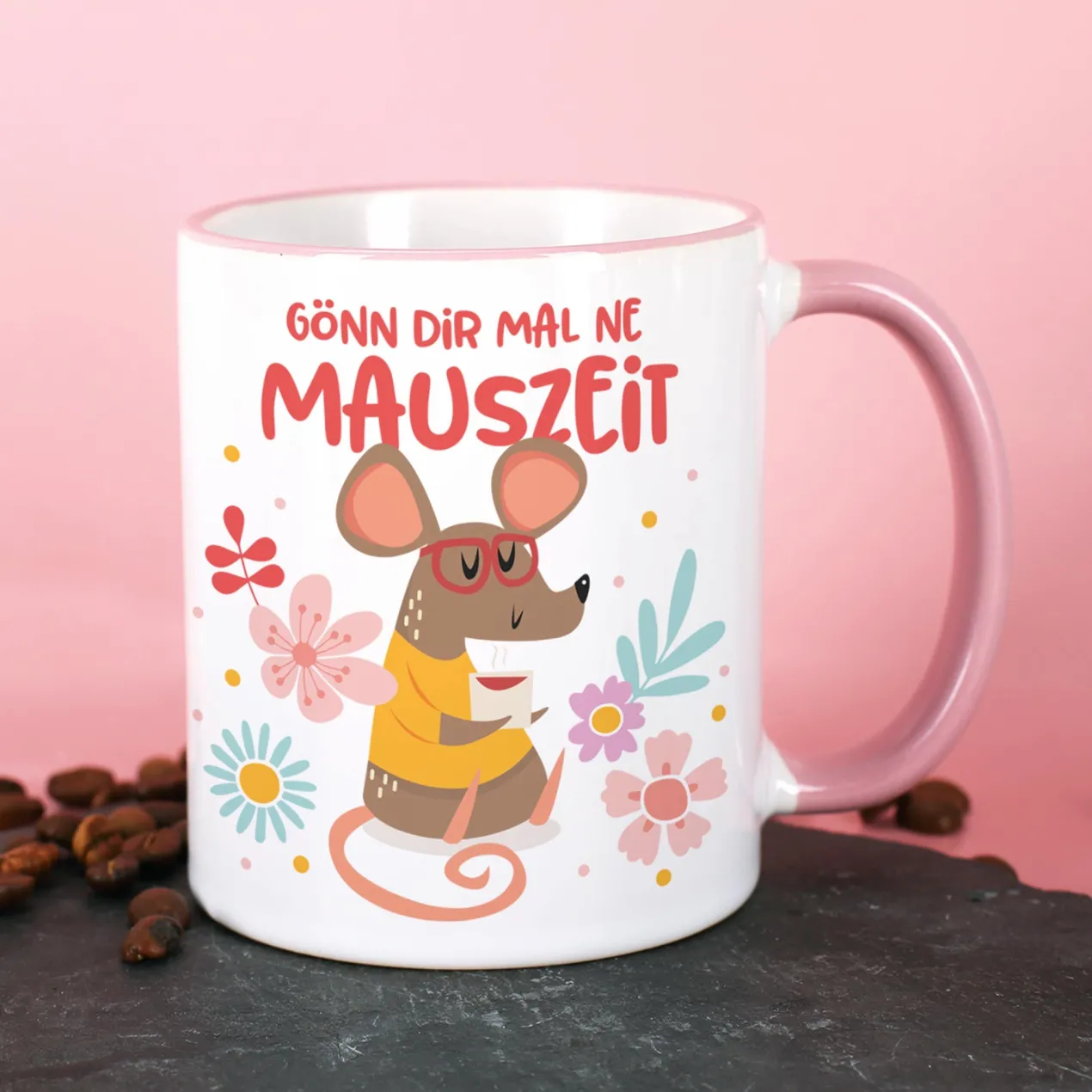 Tasse "Gönn dir mal ne Mauszeit" personalisiert mit Name | Rosa Rand & Henkel