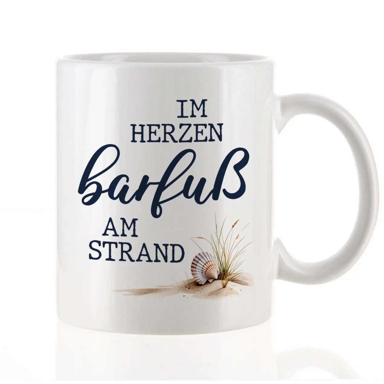 Tasse 'Im Herzen barfuß am Strand' | Keramiktasse mit Fernweh-Spruch | 300 ml