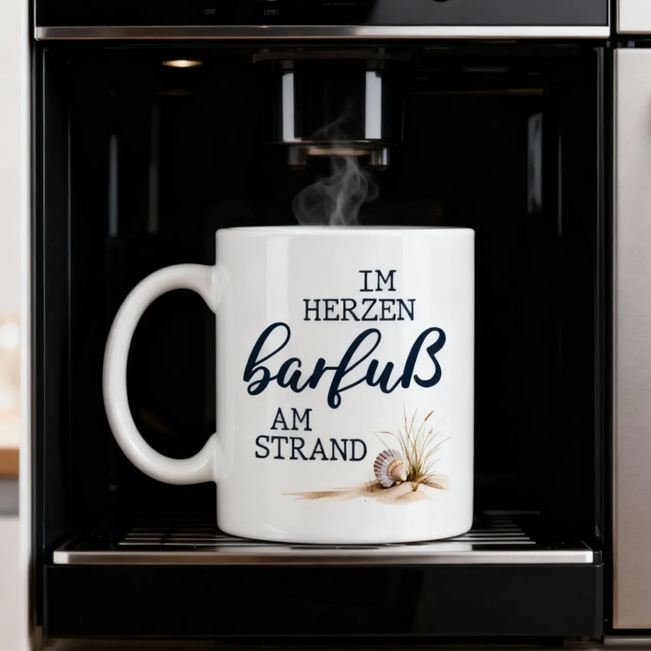 Tasse 'Im Herzen barfuß am Strand' | Keramiktasse mit Fernweh-Spruch | 300 ml