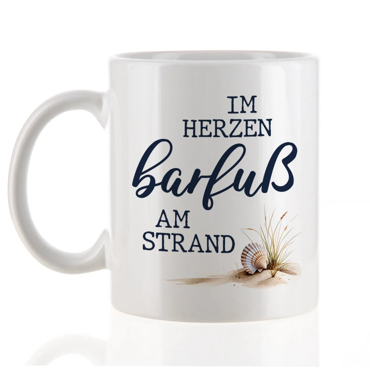 Tasse 'Im Herzen barfuß am Strand' | Keramiktasse mit Fernweh-Spruch | 300 ml