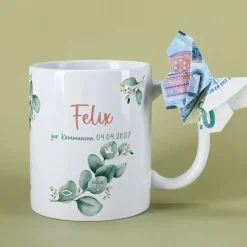 Tasse mit Eukalyptuszweig zur Kommunion, Konfirmation und mehr