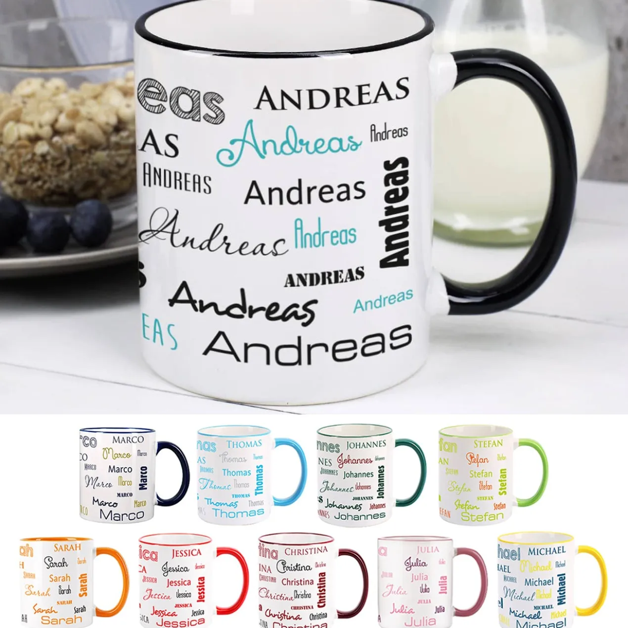Tasse mit Ihrem Namen in verschiedenen Schriftarten und Farben
