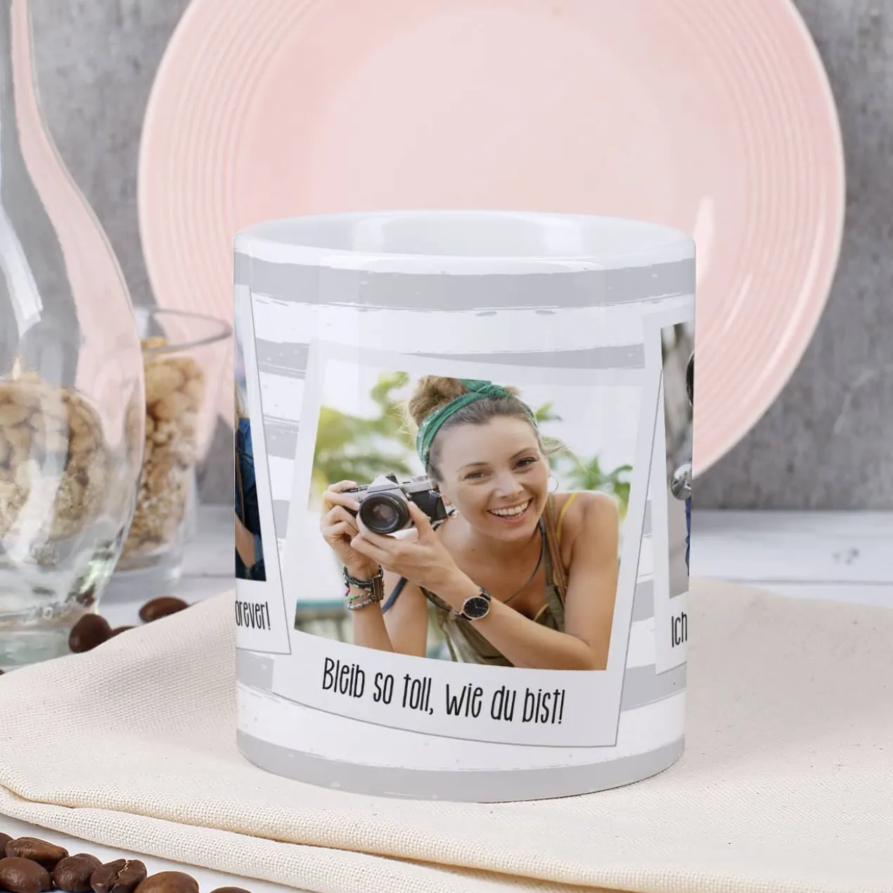 Tasse mit Ihren drei Lieblingsbildern und Wunschtexten