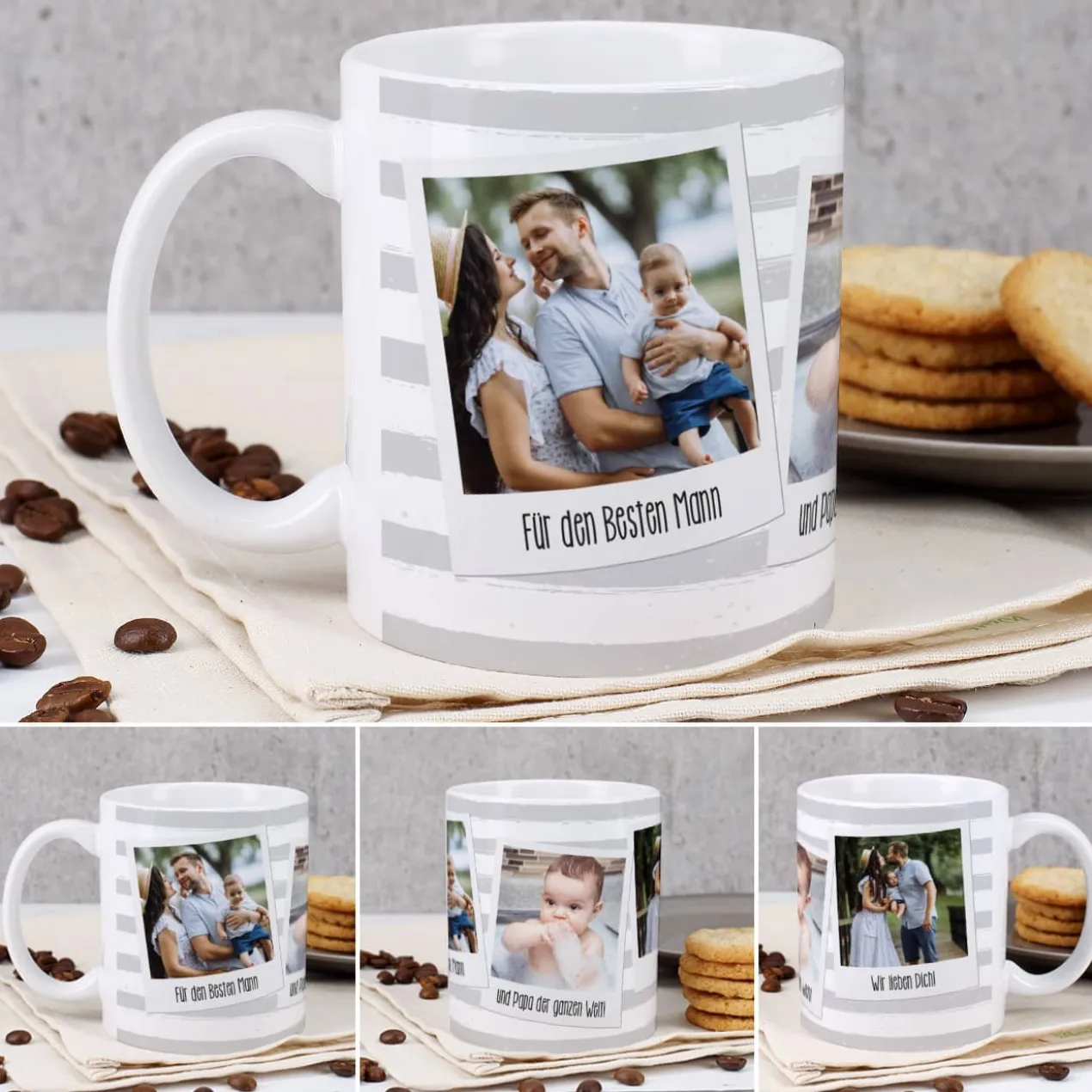 Tasse mit Ihren drei Lieblingsbildern und Wunschtexten
