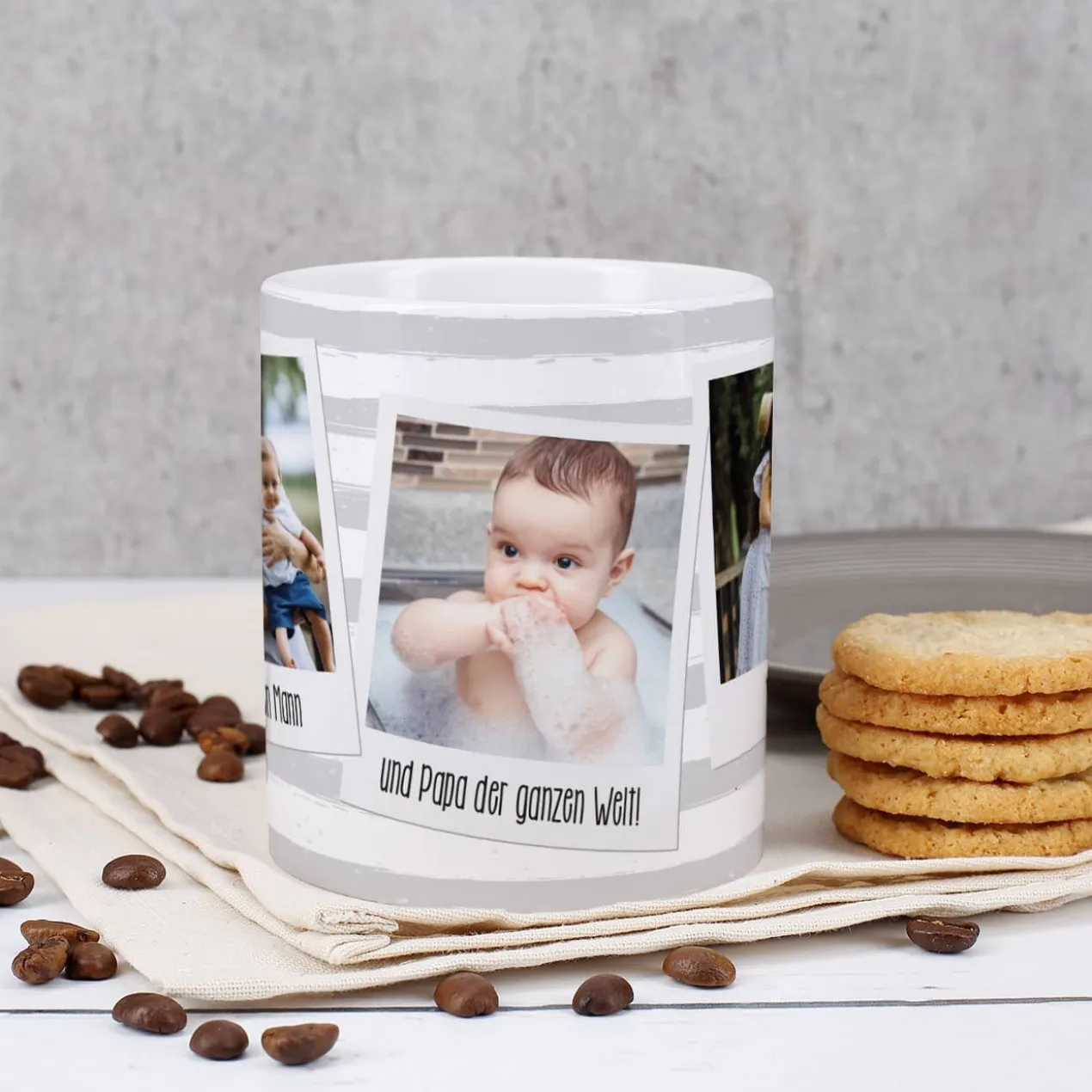 Tasse mit Ihren drei Lieblingsbildern und Wunschtexten