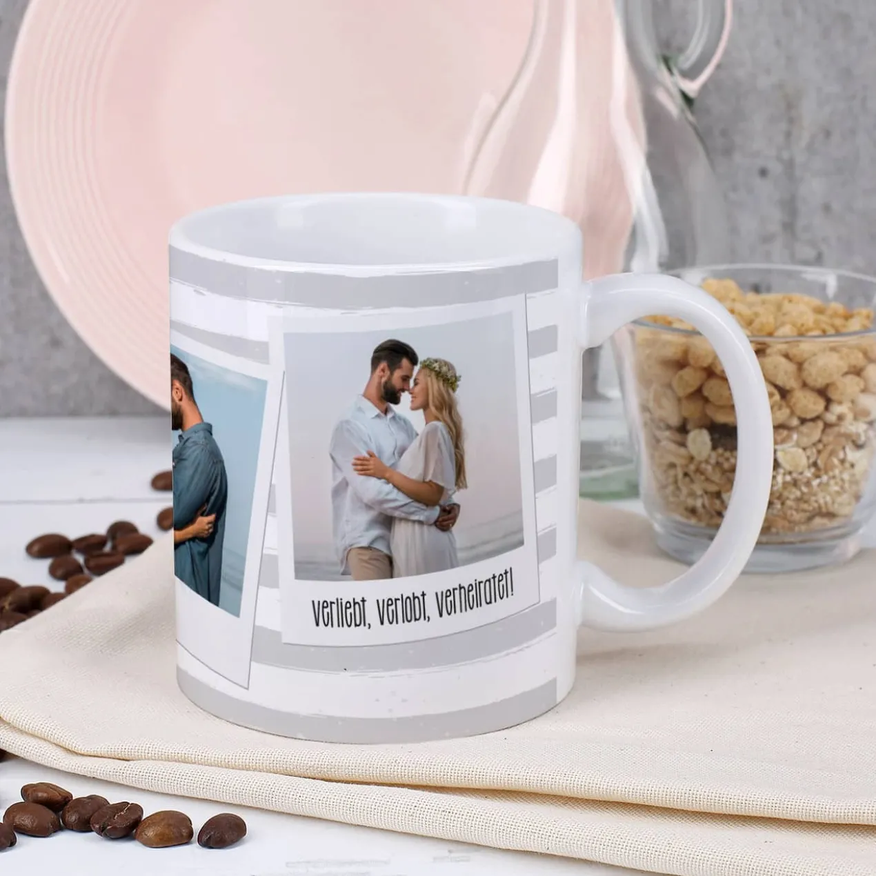 Tasse mit Ihren drei Lieblingsbildern und Wunschtexten