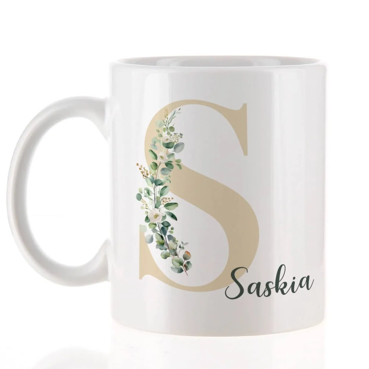 Tasse mit Name & Monogramm in Tassentasche mit Eukalyptus-Motiv