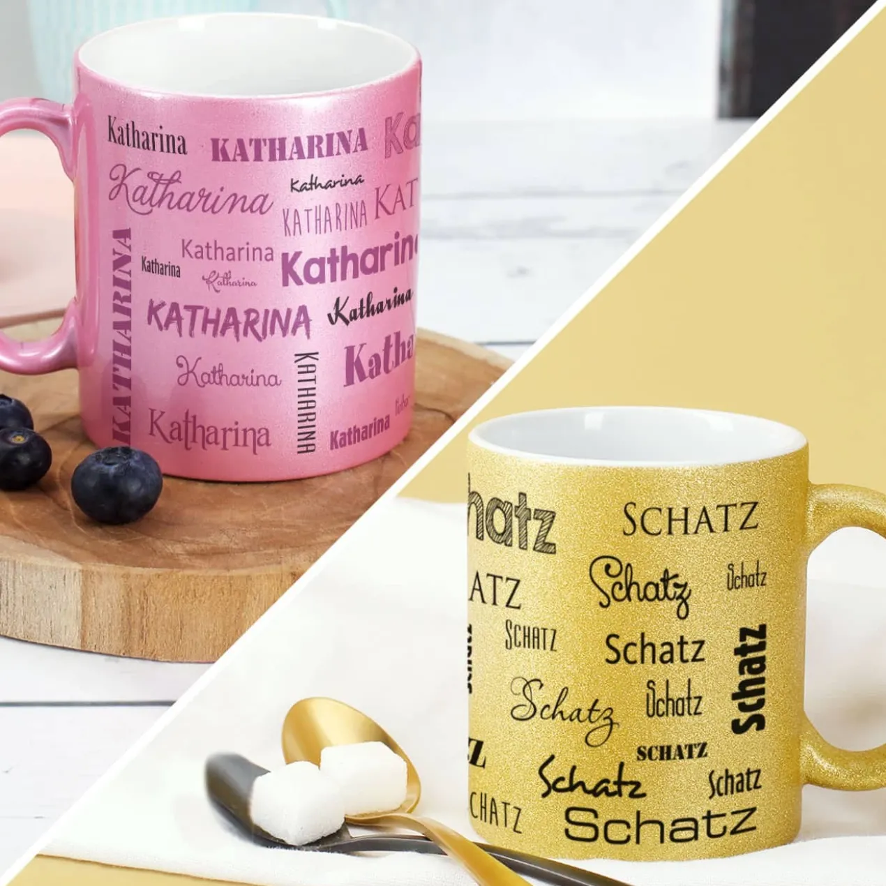 Tasse mit Namensaufdruck in Metallic Pink oder Gold