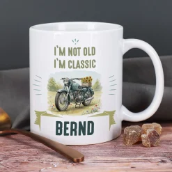 Tasse mit Oldtimer Motorrad Motiv, personalisiert mit Name und Wunschtext | Geschenk für Biker