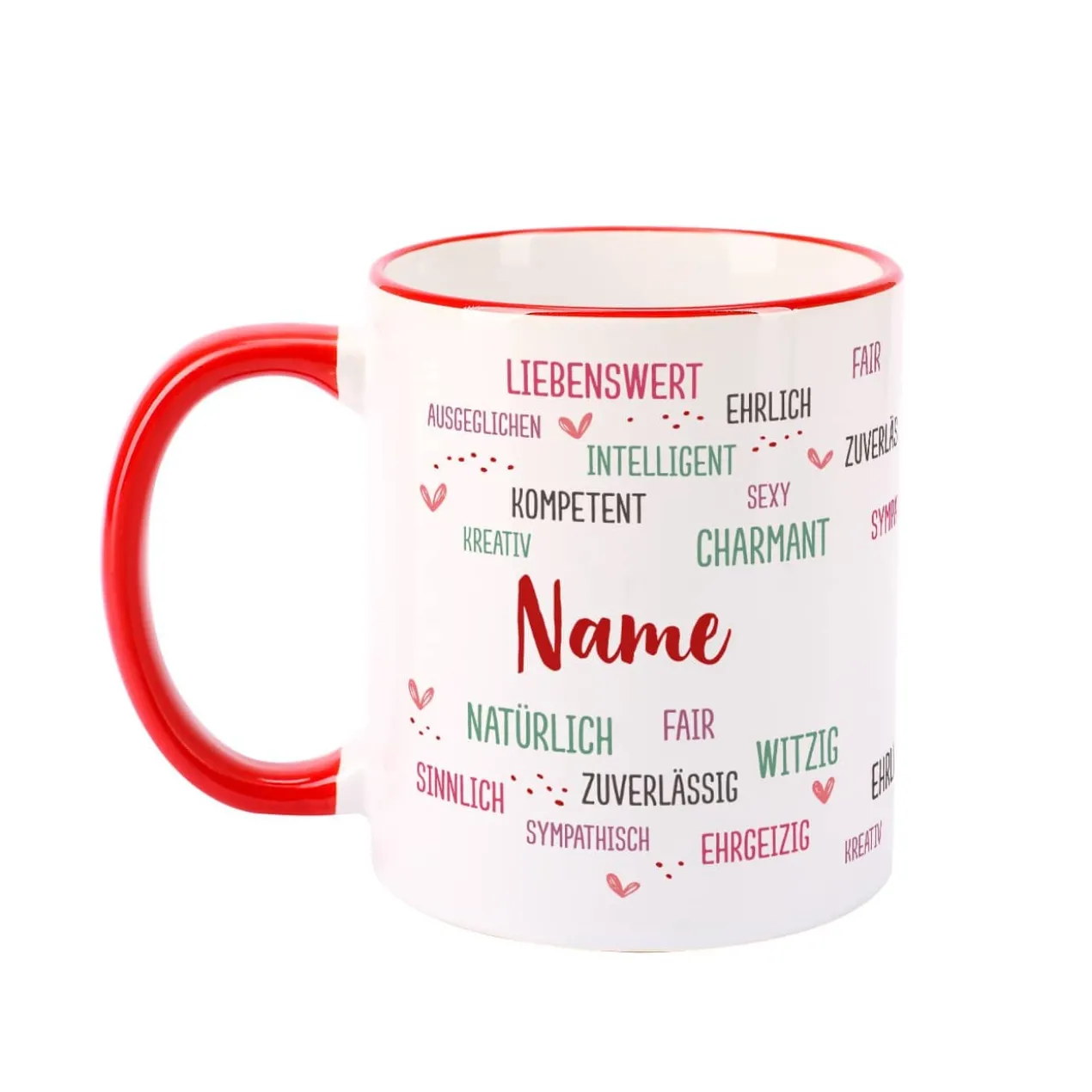 Tasse mit positiven Eigenschaften und Name bedruckt, rot
