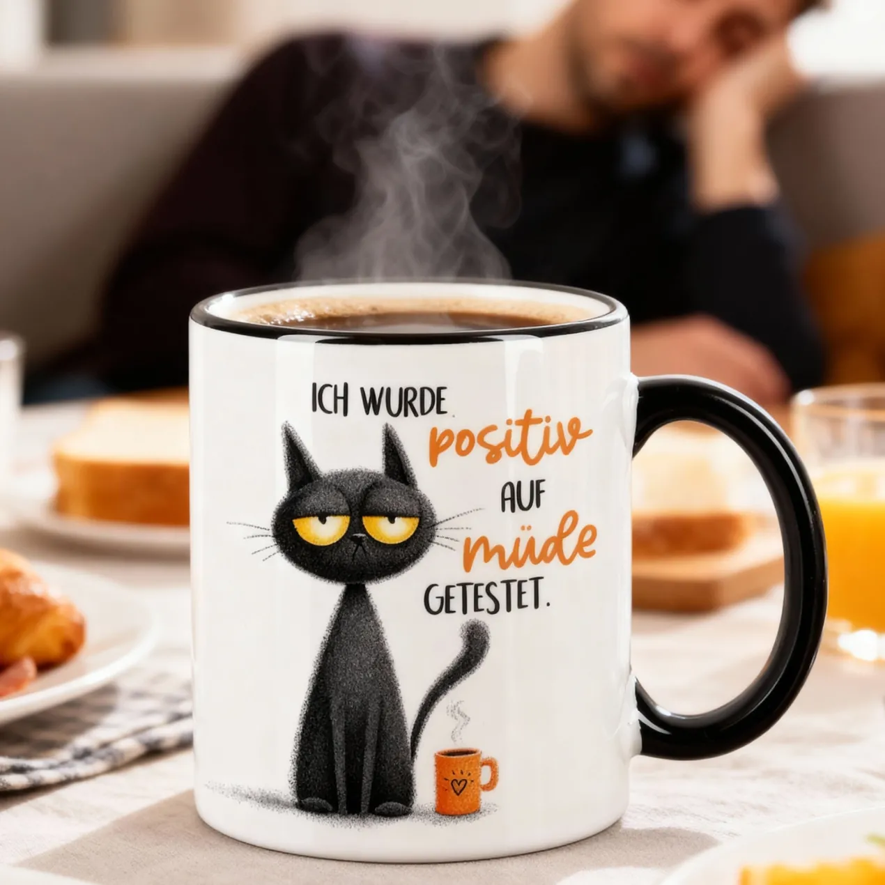 Tasse mit Spruch 'Positiv auf müde getestet' | Keramiktasse mit schwarzem Henkel & Rand