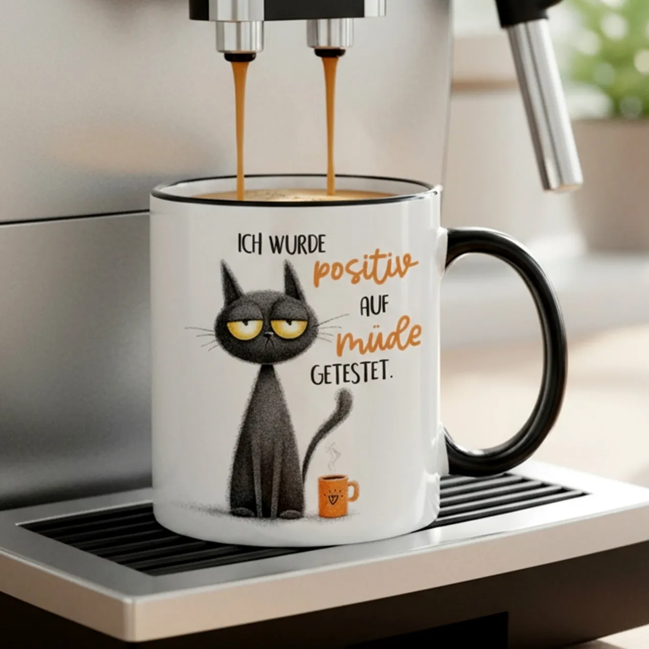 Tasse mit Spruch 'Positiv auf müde getestet' | Keramiktasse mit schwarzem Henkel & Rand