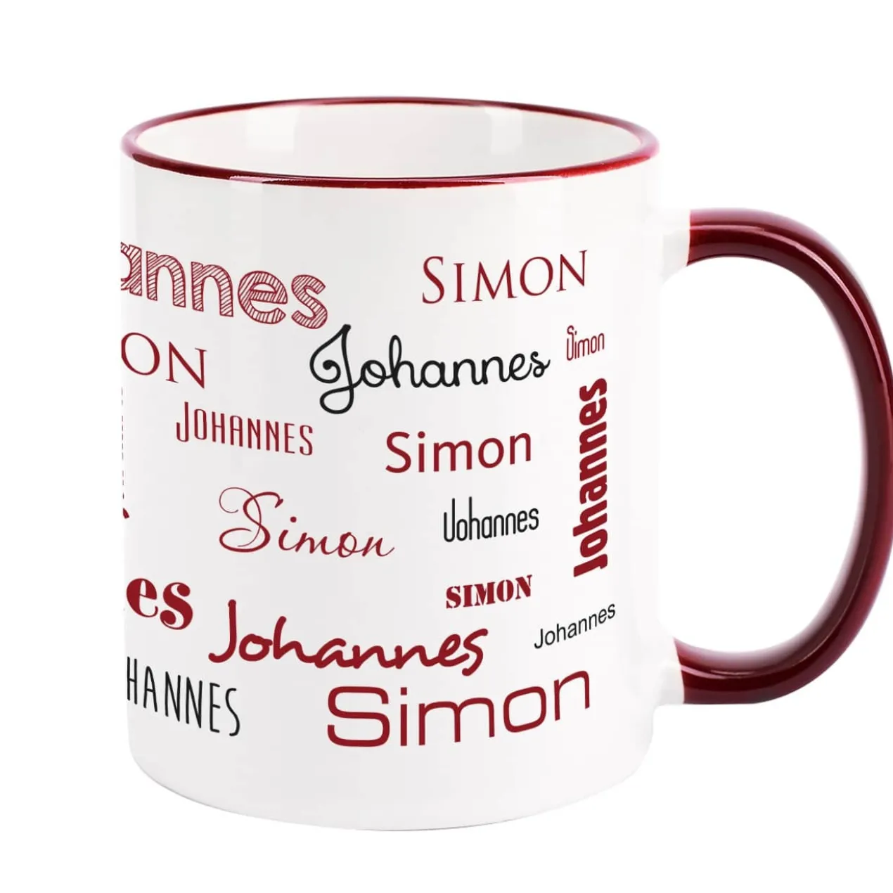 Tasse mit zwei Namen in verschiedenen Schriftarten