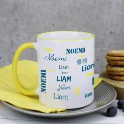 Tasse mit zwei Namen in verschiedenen Schriftarten