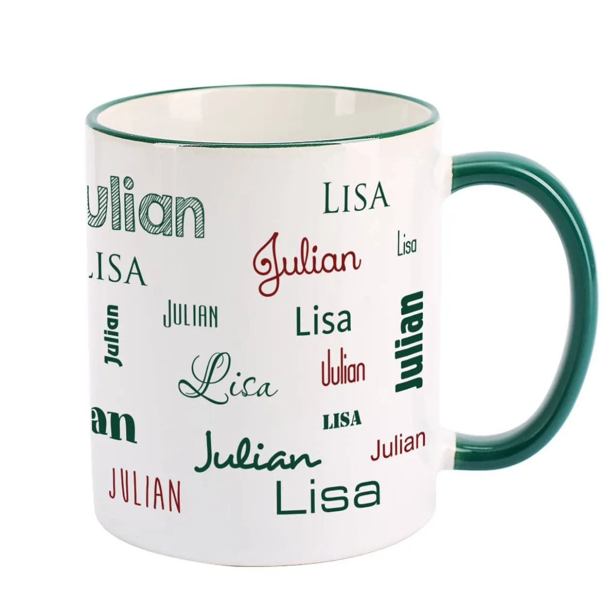 Tasse mit zwei Namen in verschiedenen Schriftarten