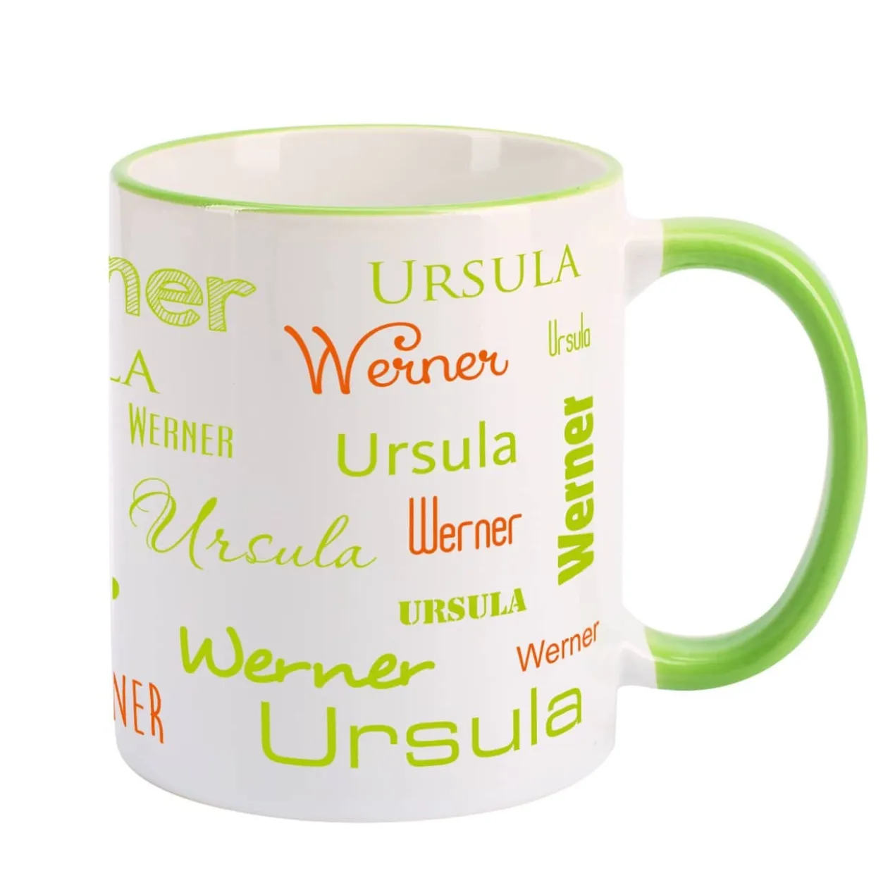 Tasse mit zwei Namen in verschiedenen Schriftarten