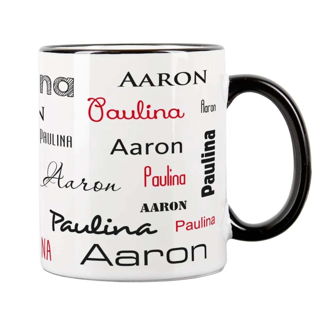Tasse mit zwei Namen in verschiedenen Schriftarten