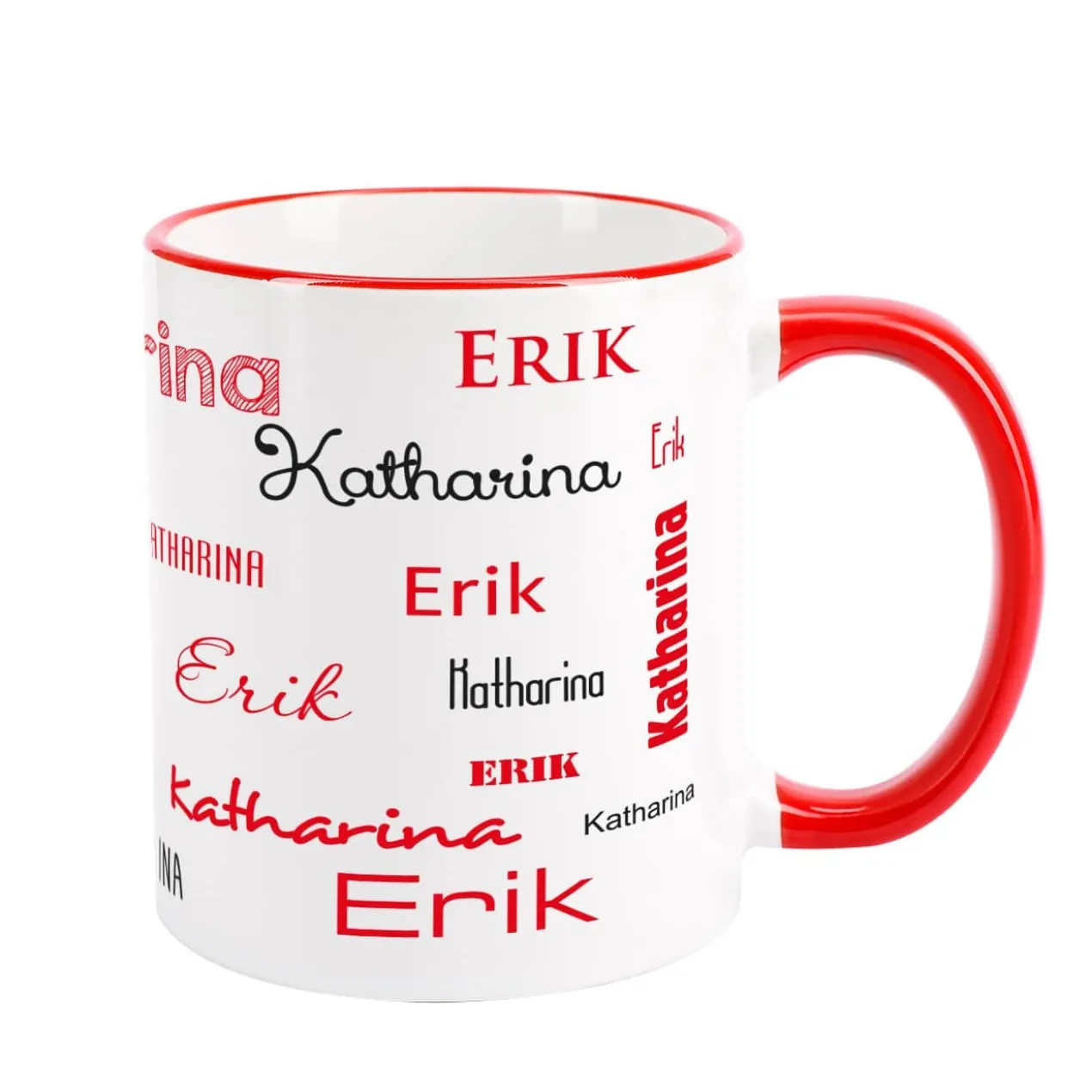 Tasse mit zwei Namen in verschiedenen Schriftarten