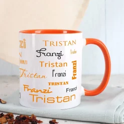 Tasse mit zwei Namen in verschiedenen Schriftarten