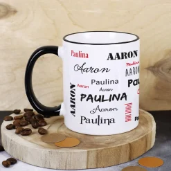 Tasse mit zwei Namen in verschiedenen Schriftarten