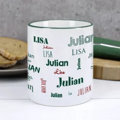 Tasse mit zwei Namen in verschiedenen Schriftarten