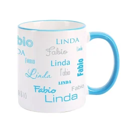 Tasse mit zwei Namen in verschiedenen Schriftarten