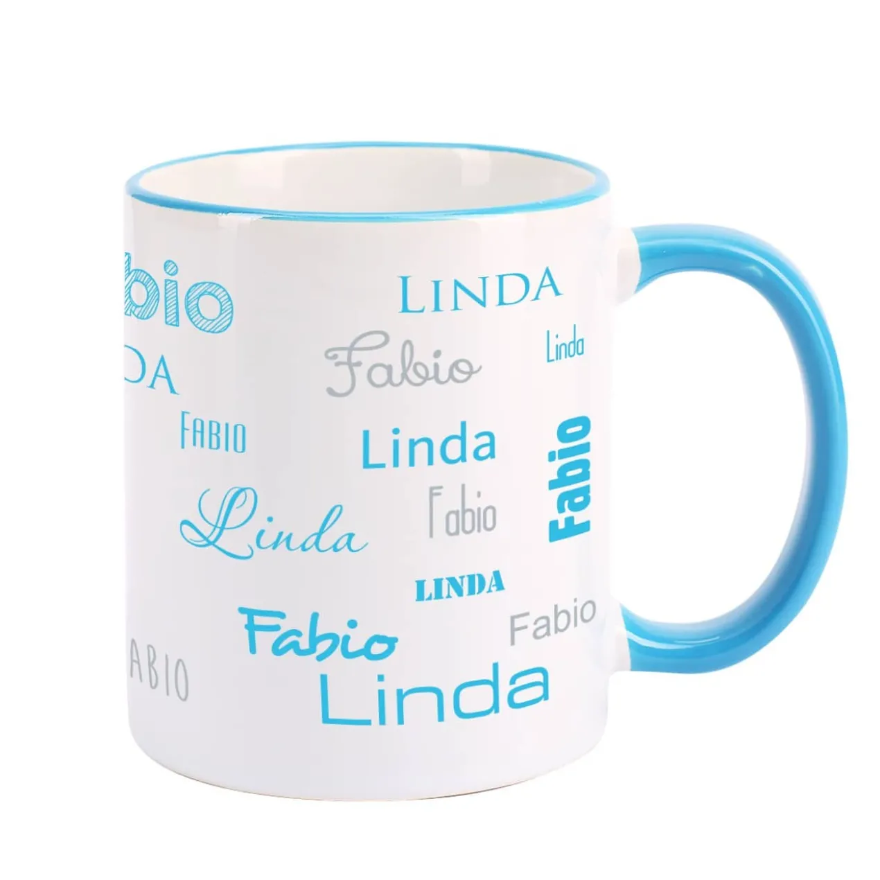 Tasse mit zwei Namen in verschiedenen Schriftarten