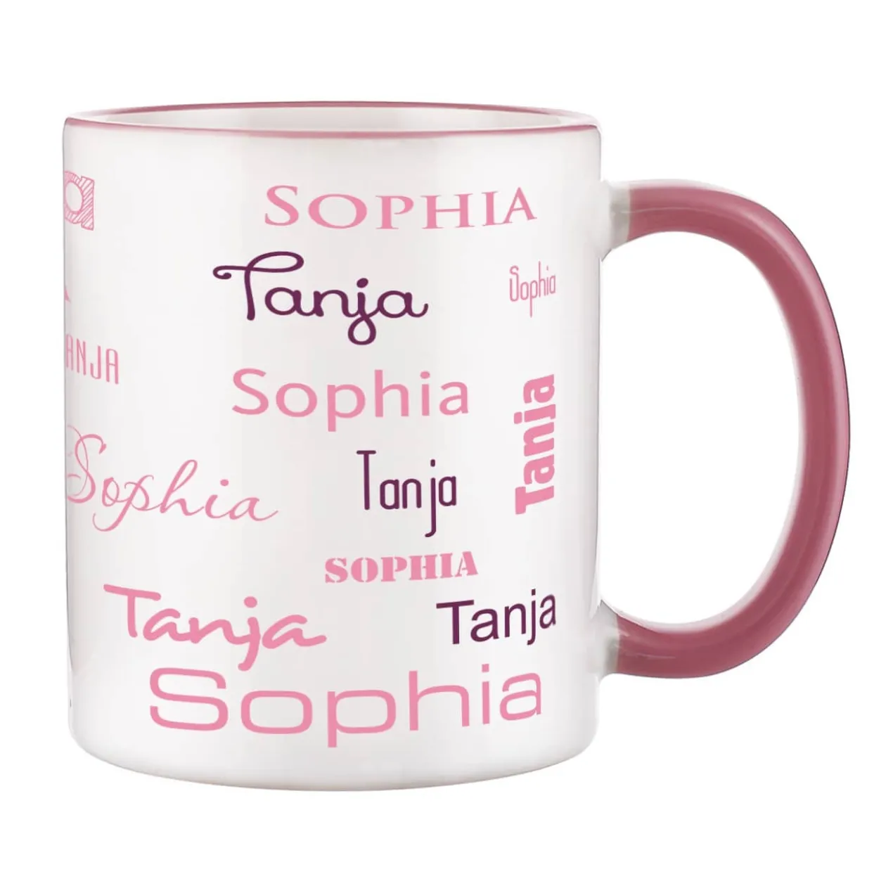 Tasse mit zwei Namen in verschiedenen Schriftarten