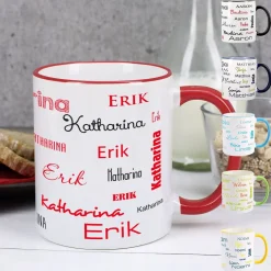 Tasse mit zwei Namen in verschiedenen Schriftarten