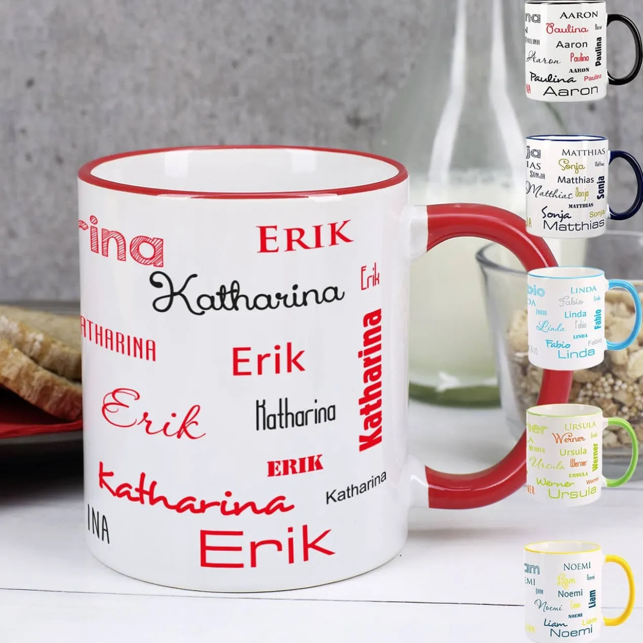 Tasse mit zwei Namen in verschiedenen Schriftarten