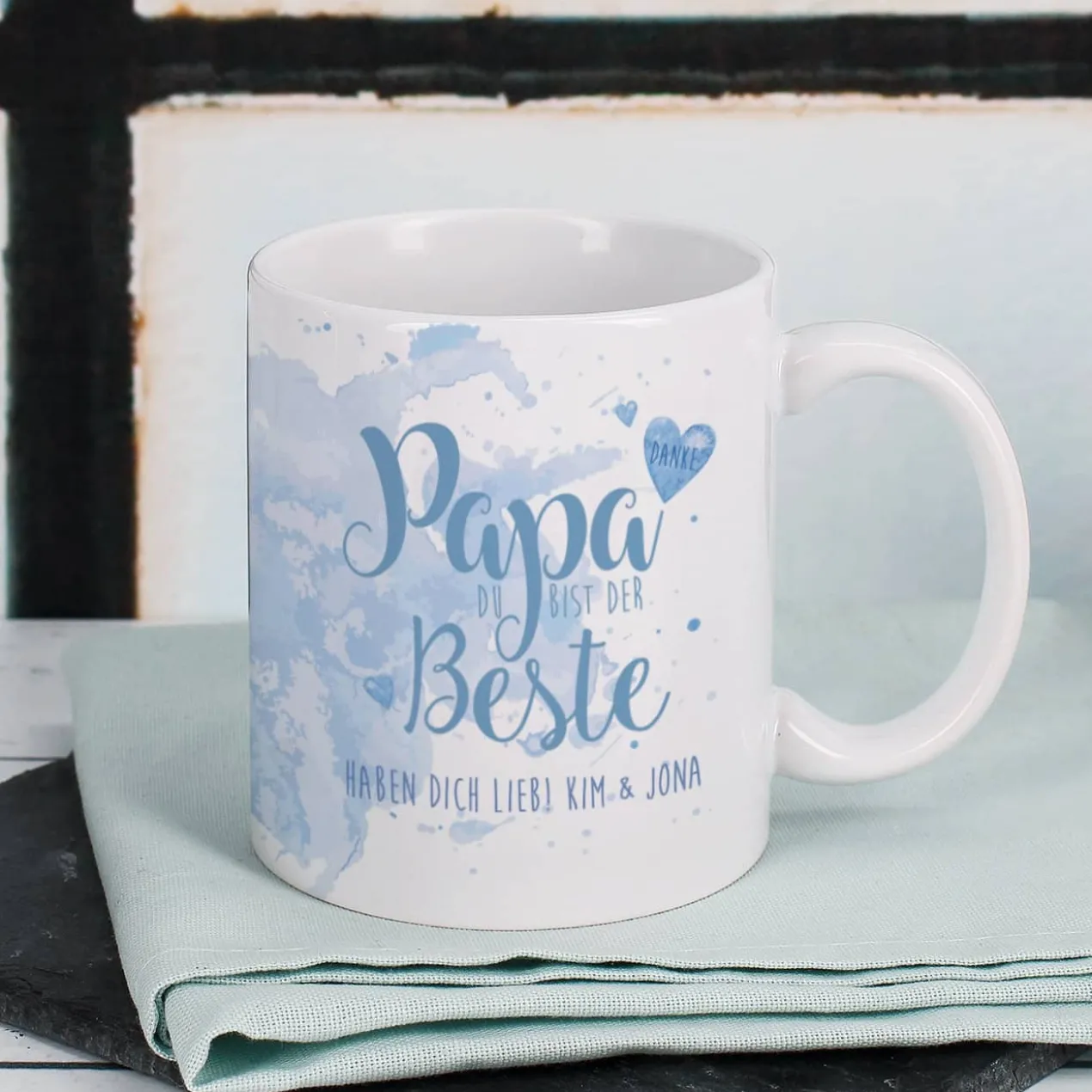 Tasse "Papa Du bist der Beste" mit Wunschtext in verschiedenen Farben