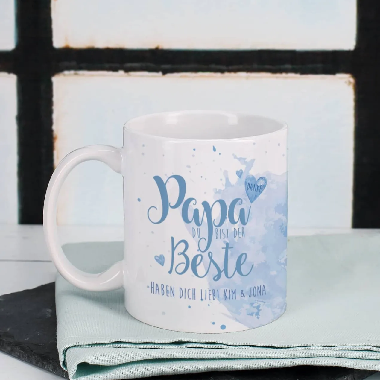 Tasse "Papa Du bist der Beste" mit Wunschtext in verschiedenen Farben