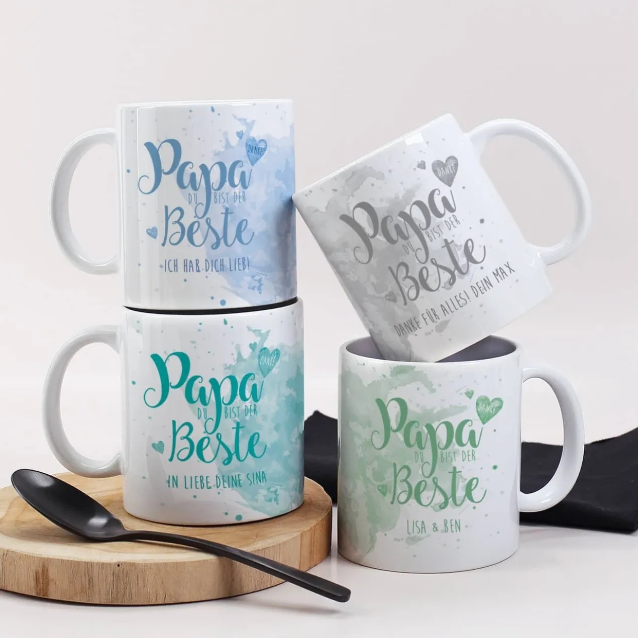 Tasse "Papa Du bist der Beste" mit Wunschtext in verschiedenen Farben