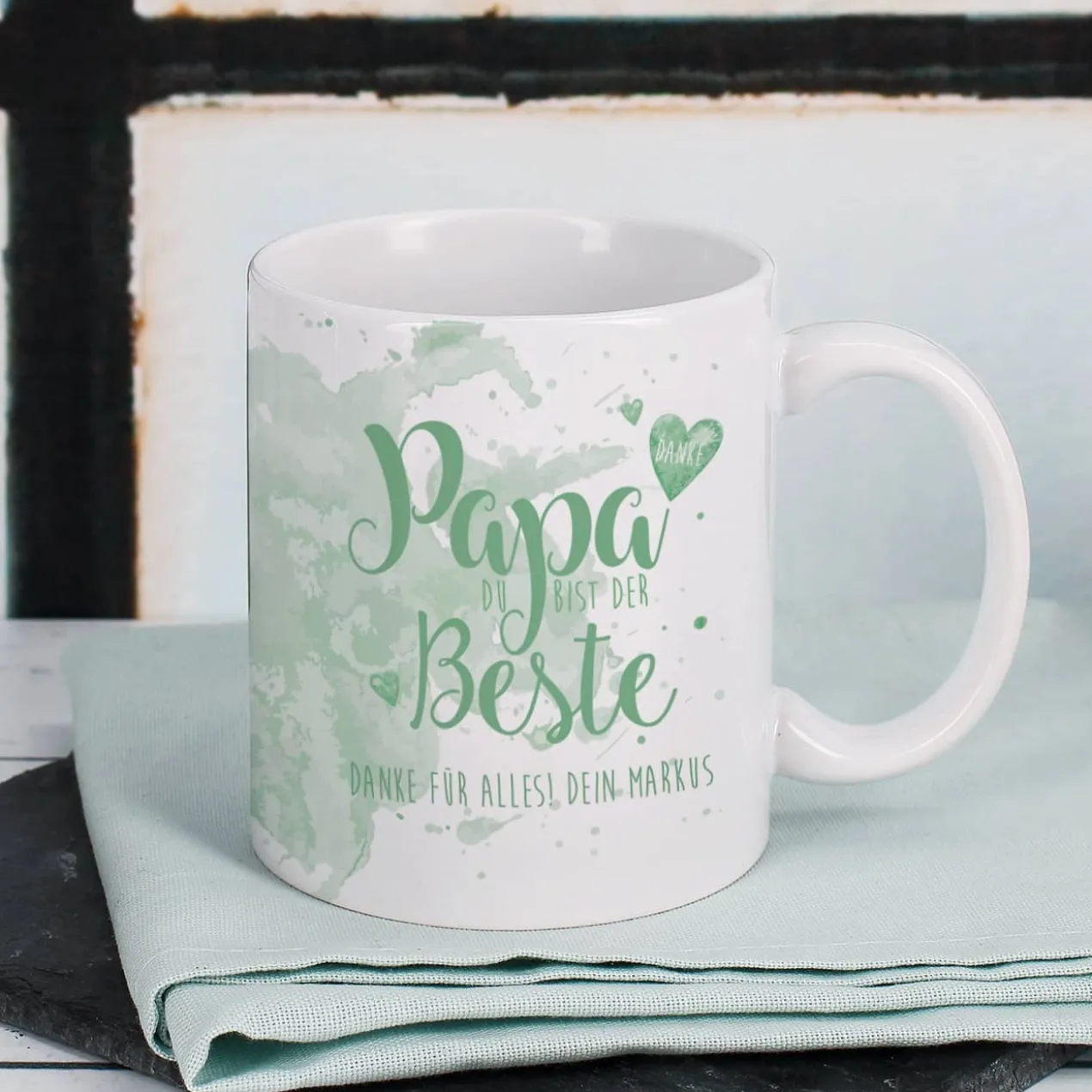 Tasse "Papa Du bist der Beste" mit Wunschtext in verschiedenen Farben