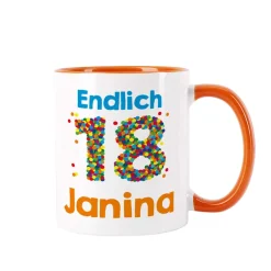 Tasse zum 18. Geburtstag - mit bunter Konfetti-Zahl