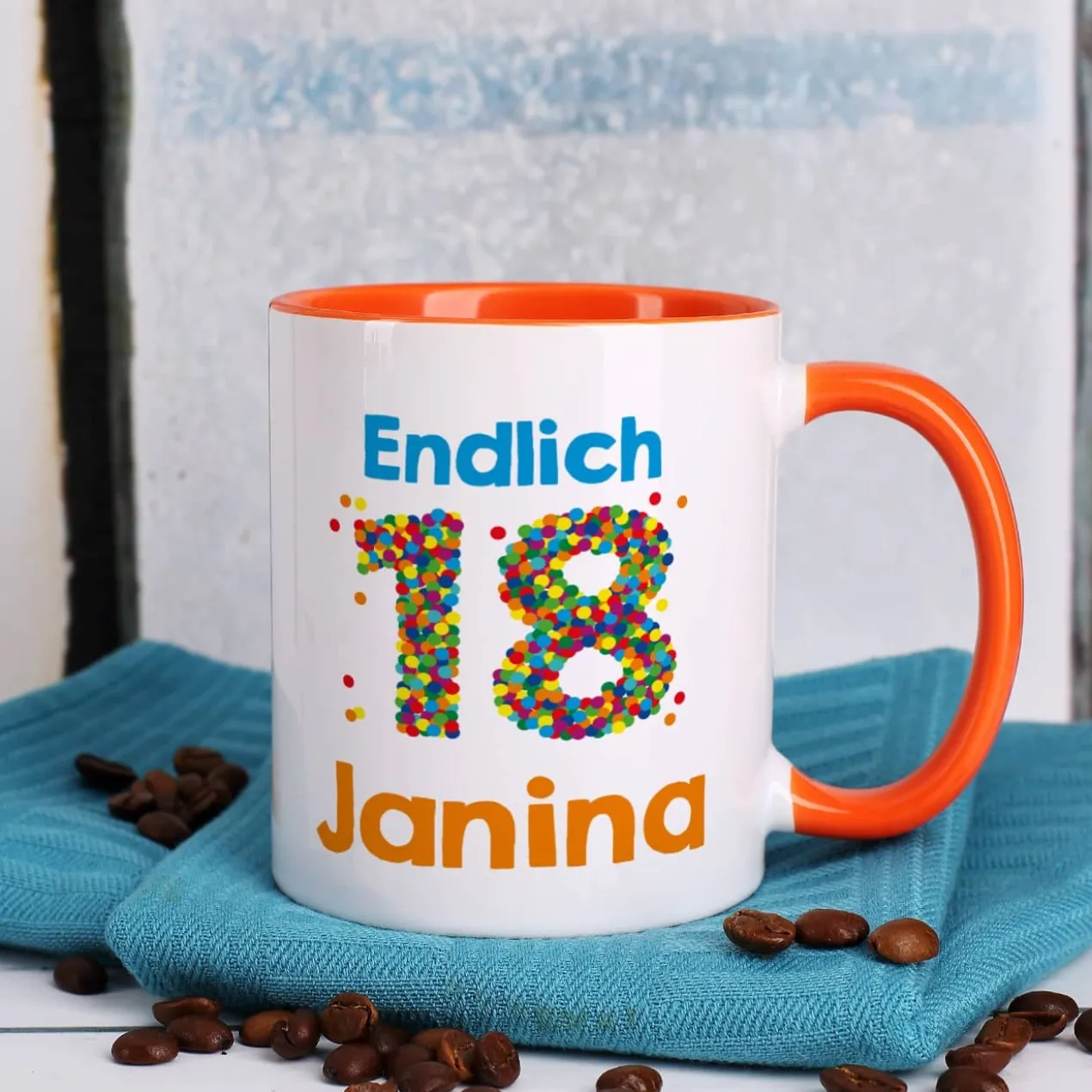 Tasse zum 18. Geburtstag - mit bunter Konfetti-Zahl