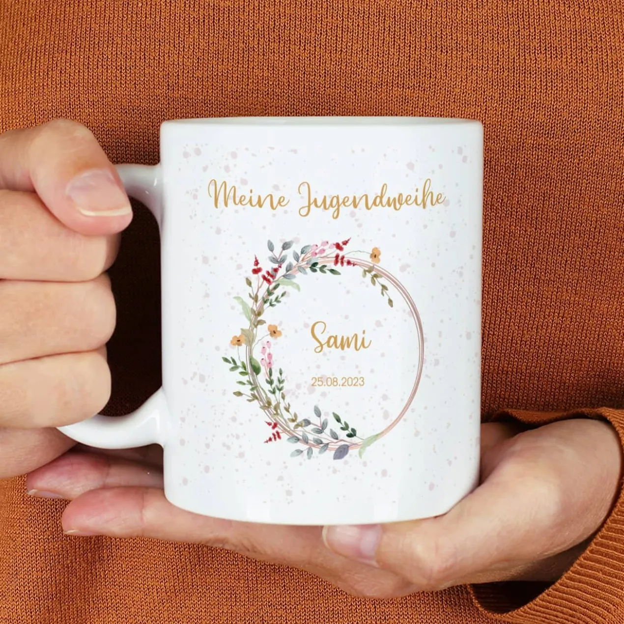 Tasse zur Jugendweihe mit Wildblumenmotiv im Watercolor Stil mit Name und Datum
