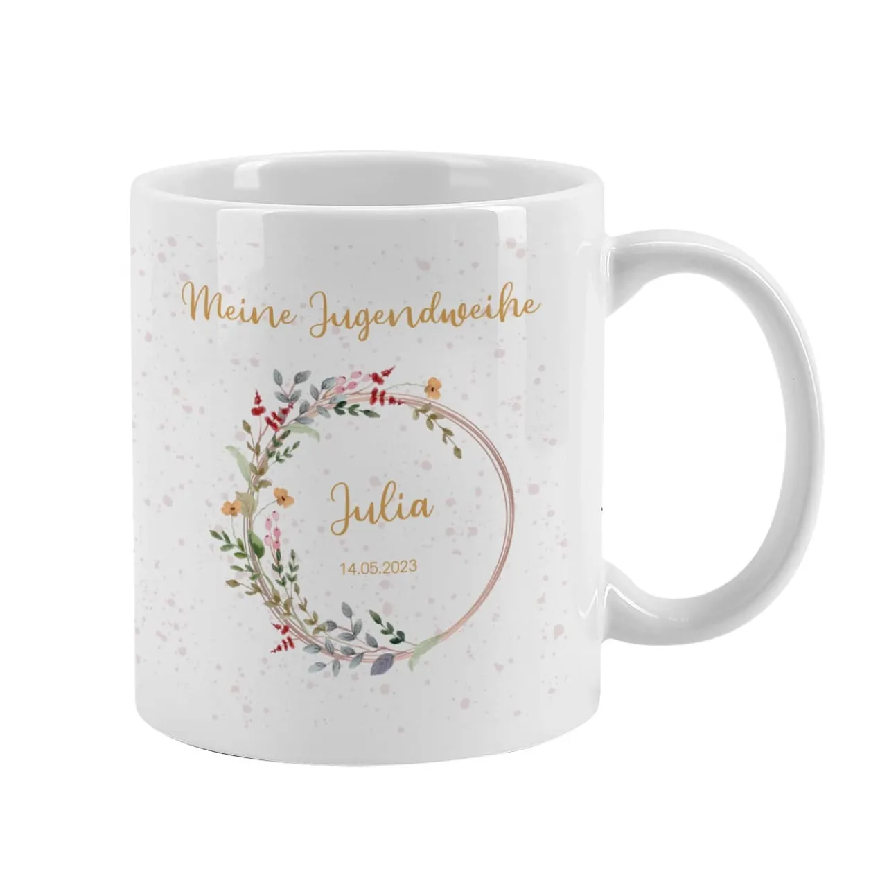 Tasse zur Jugendweihe mit Wildblumenmotiv im Watercolor Stil mit Name und Datum