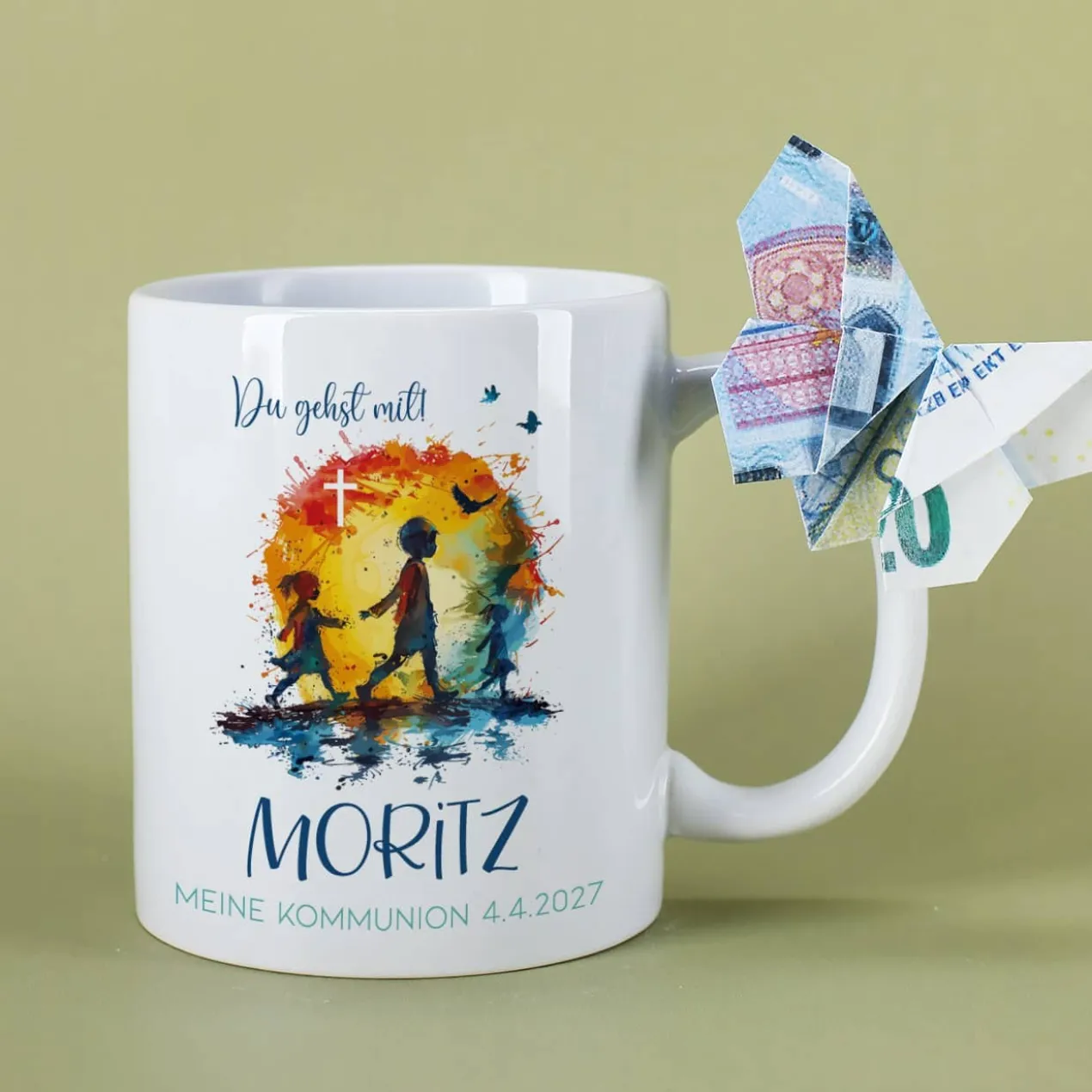 Tasse zur Kommunion 2026 - Du gehst mit - mit Name und Wunschtext