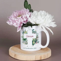 Tasse zur Kommunion oder Konfirmation mit Blätterkreuz-Motiv