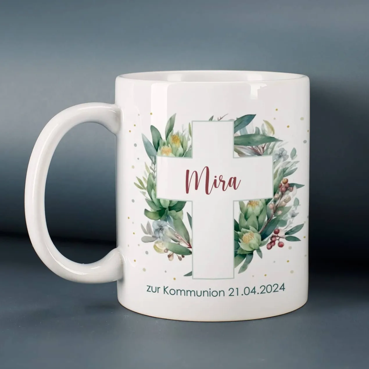 Tasse zur Kommunion oder Konfirmation mit Blätterkreuz-Motiv