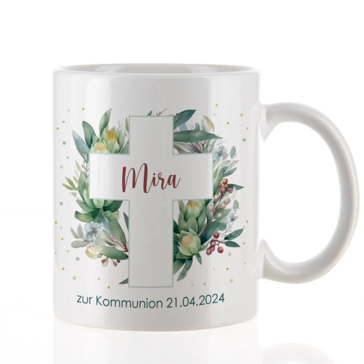 Tasse zur Kommunion oder Konfirmation mit Blätterkreuz-Motiv