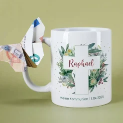 Tasse zur Kommunion oder Konfirmation mit Blätterkreuz-Motiv
